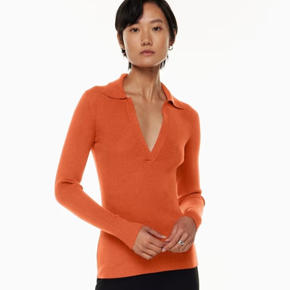 Babaton Burnt Orange Leyster Sweater Ribbed Polo Sweater